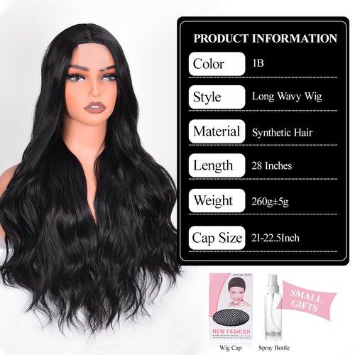 Vitorish Long Wavy Wig for Women, 28 Inches Middle Part Curly Wavy Wig Black Small Lace Resistant Fiber Synthetic Wigs for Daily Use (Black)