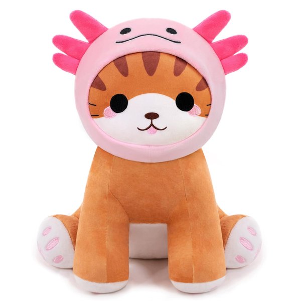 Finebee Axolotl Cat Plush Toy, Cute Axolotl Cat Stuffed Animal, Cat Plushie Wearing an Axolotl Headgear Kawaii Kitty Plushies Gifts for Girls Boys Decor 10"