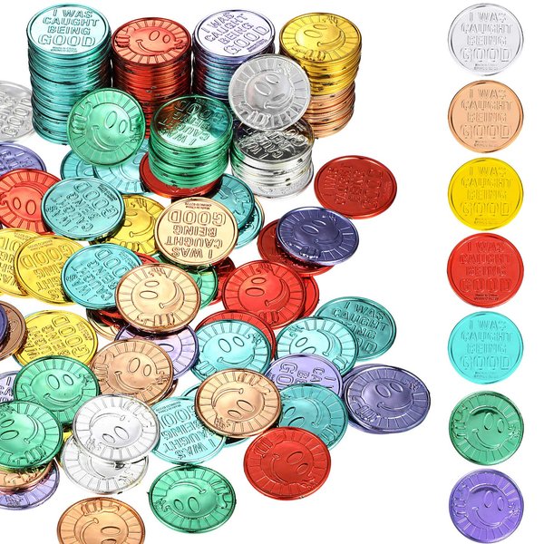 200 Pieces I was Caught being Good Incentive Coins Colorful Plastic Reward Coins School Teacher Reward and Prize Supplies Smile Face Coin Pretend Play Coin for Counting, Halloween Christmas Party