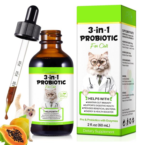 Probiotic for Cats, Natural 3 in 1 Cat Probiotic Drops Helps to Relieve Diarrhea, 60ml for Cats of All Ages, Supports Gut Health, with Digestive Enzymes & Prebiotics Liquid Supplement
