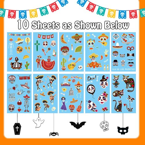 Partywind 100 Styles Luminous Day of the Dead Tattoos for Kids, Glow Halloween Day of the Dead Decorations Party Supplies Favors, Halloween Day of the Dead Costume Makeup