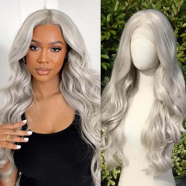 WIGNEE 13x4 HD Lace Front Wigs Pre-Plucked Natural Density Synthetic Lace Front Wig Layered Body Wave Wig Wear And Go Free Part Glueless Lace Front Wigs For Black Women,26” Gray