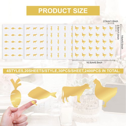 OLYCRAFT 1200pcs 4 Styles Gold Meal Stickers 1 Inch Food Choice Sticker Cow/Chicken/Fish/Carrot Wedding Meal Indicator Stickers Kitchen Stickers Meal Stickers for Place Card Wedding Party Supplies