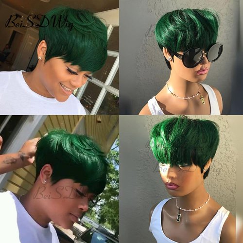 BeiSDWig Synthetic Short Wigs for Black/White Women Natural Colored Hair Wigs for Women Short Hair Wigs with Bangs (Green)
