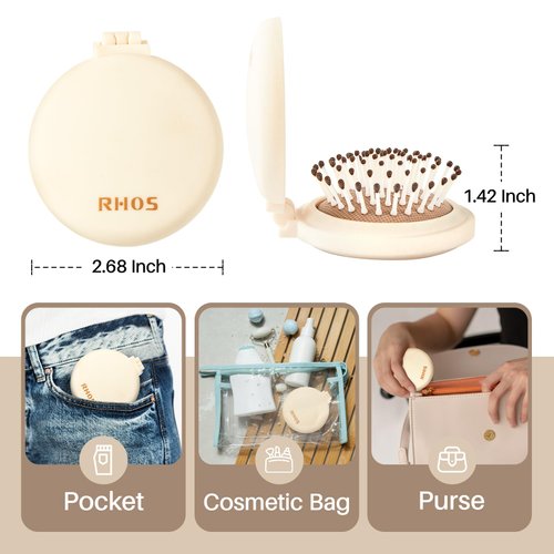 RHOS Folding Brush with Mirror for Women,Men and Kids-Small Brush with Mirror for Purse,Small Pocket Hair Brush with Soft Nylon Bristles-Portable Hair Brush with Mirror for Travel(Beige)
