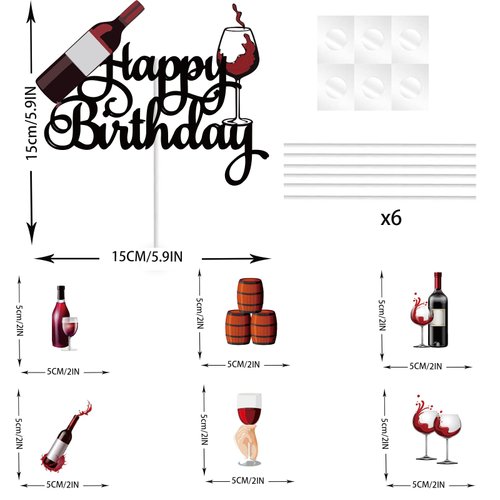 7Pcs Red Wine Happy Birthday Cake Topper Sets Black Glitter Beers Wine Glass Cake Decorations Set Celebrating Cheers to 21 30 40 50 60 Years Theme Birthday Party Supplies Set for Men Women