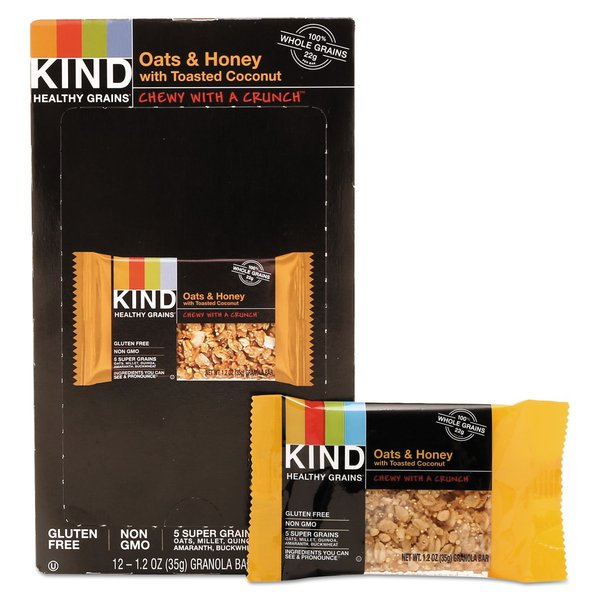 Kind 18080 Healthy Grains Bar, Oats and Honey with Toasted Coconut, 1.2 oz, 12/Box