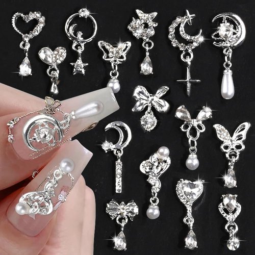 15 Pcs Alloy Metal Silver Heart Bow Nail Rhinestones Nail Charms Y2K,Star Moon Pendant Tassels Pearl Crystals Nail Decorations Charms For Nails 3D Shiny Butterfly Nail Charm For Nail Supplies Nail Art