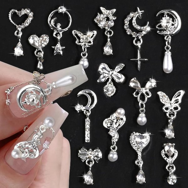 15 Pcs Alloy Metal Silver Heart Bow Nail Rhinestones Nail Charms Y2K,Star Moon Pendant Tassels Pearl Crystals Nail Decorations Charms For Nails 3D Shiny Butterfly Nail Charm For Nail Supplies Nail Art