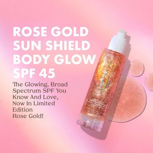 Kopari Sun Shield Body Glow - SPF 45 UV Protection Sunscreen Rose Gold Shimmer Mica - Sweat Resistant - Antioxidant Vitamin E Vegan Cruelty Free - Macadamia Hibiscus Avocado Coconut Oils 5oz
