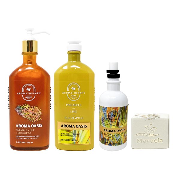 Bath & Body Works Aromatherapy Pineapple, Lime, Eucalyptus - Trio Gift Set - Body Lotion, Body Wash and Essential Oil Pillow Mist With a Natural Oats Soap.
