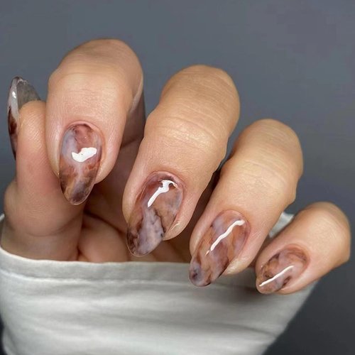 LRKNNO Almond Press on Nails Medium Length Oval Fake Nails Brown Marble Designs Glossy Acrylic Glue on Nails Cute Almond Shaped False Nails Artificial Nails for Women Girls DIY Manicure Decoration