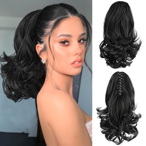 FREEMEIGE Ponytail Extension,Claw Clip in Pony Tails Hair Extensions for Women Short Ponytails Clip in Hair Extensions Natural Looking Synthetic Ponytail Hair Piece for Daily Use（Natural Black）
