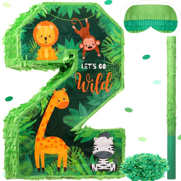 Jexine 3 Pcs 16 Inch Animal Number 2 Piñata Jungle Animals Piñata Number Two Piñata with Blindfold Bat and Confetti for Boy Zoo Themed 2nd Birthday Celebration Party Supplies