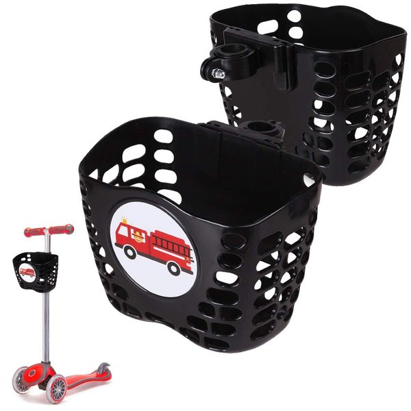 MINI-FACTORY Kid's Scooter Basket, Cute Cartoon Pattern Scooter Accessories Front Carrying Basket for Boy - Black (Fire Truck)