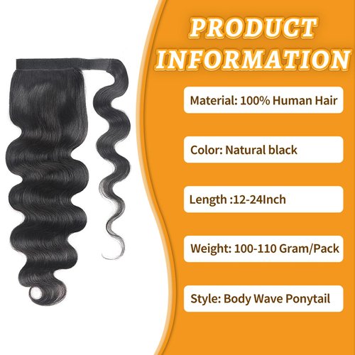 Body Wave Ponytail Extension Human Hair Wrap Around Magic Paste Ponytail Clip In Real Brazilian Virgin Human Hair pieces For Black Women Natural Black 18inch