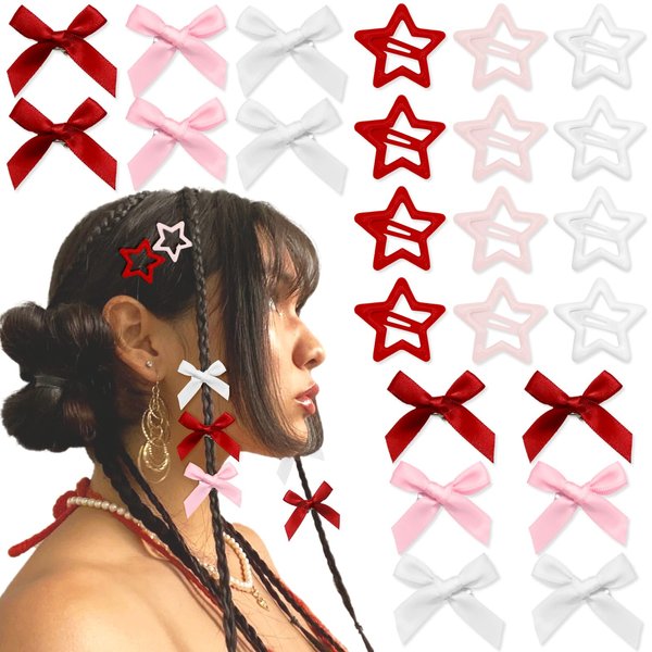 YAEISM 24PCS Pink Bow Hair Clips 3 Colors White Red Pink Star Hair Clips Y2K Satin Mini Hair Bow Star Clips Pink Bows Hair Ribbon Cute Star Snap Clips Small Satin Bow Hair Barrettes for Girls Women
