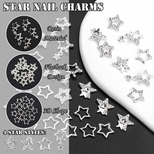 YAEISM 30PCS Star Nail Charms 3D Alloy Nail Art Charms 4 Styles Silver Stars Nail Rhinestones Crystal Pentagram Nail Gems for DIY Crafts Jewelry Decoration Nail Supplies