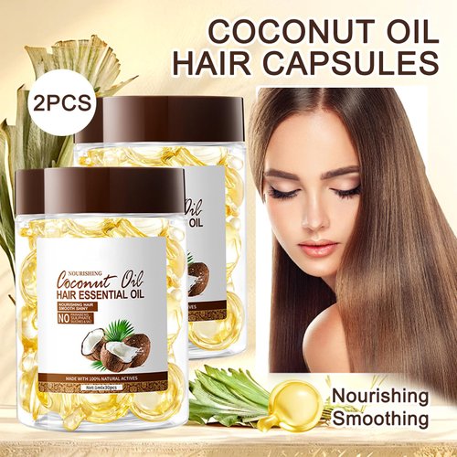 60PCS Hair Serum Oil Capsules, Moisturizing Hair Serum for Frizzy, Dry and Damaged Hair, Smooth, Non-greasy, Refreshing Long Lasting Nourishing Hair Oil for Women（Coconut Oil）