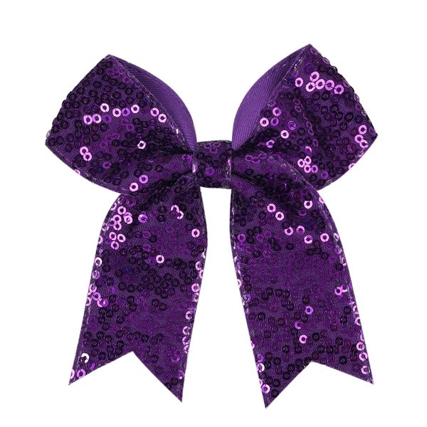 Glitter Cheer Bow Clip - 5 Inch Sequin Hair Bow with Tails for Girls Teen Softball Cheerleader Outfit Uniform-Purple