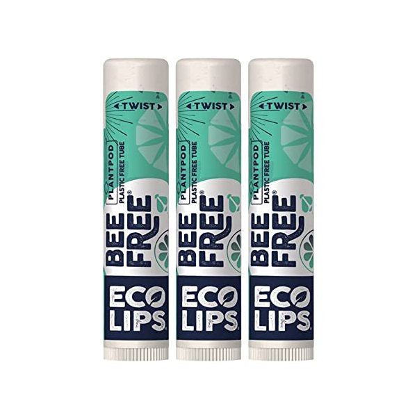 Vegan Lip Balm Sweet Mint by Eco Lips flavor 3 Pack Natural Bee Free with Candelilla Wax, Organic Cocoa Butter, & Coconut Oil Lip Care. 100% Plastic-Free Plant Pod Packaging - Made in USA