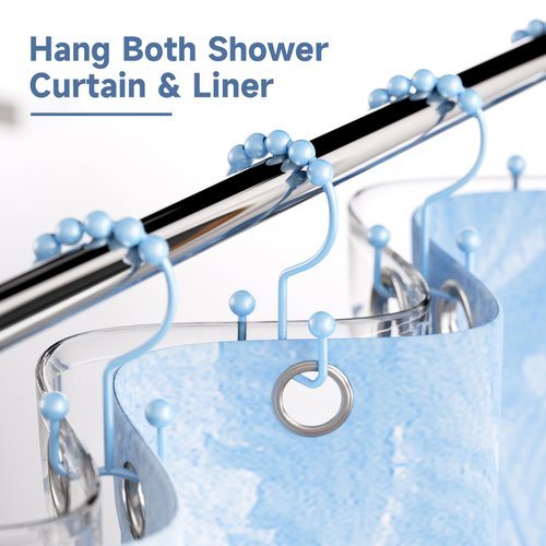 Titanker Shower Curtain Hooks, Rust Proof Shower Curtain Rings for Bathroom, Durable Metal Double Glide Shower Hooks Hangers for Bathroom Shower Rods Curtains, Set of 12 Hooks - Blue