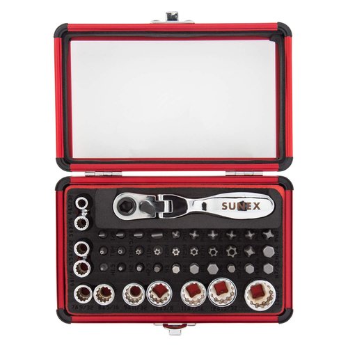SUNEX TOOLS 9732 44Pc 1/4" Dr Mini Dual Flex Head RATCHET W Socket & Bit Set
