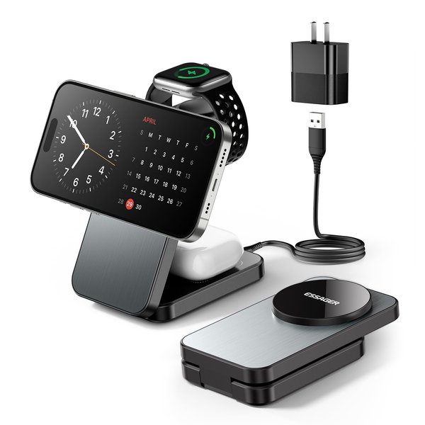 ESSAGER 3 in 1 Foldable Travel Wireless Charger Compatible with iPhone 16/15/14/13/12 Series, 15W Magnetic Wireless Charging Station for Desk for Airpods 4/3/2/Pro, iWatch with 20W Adapter