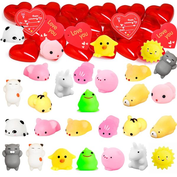 28 Packs Valentine Mochi Squishies Toys and Heart Shaped Cases for Valentines Day Set, Valentine Exchange Gift for Kids, Cute Stress Relief Toys for Classroom Gift Exchange Prize Supplies