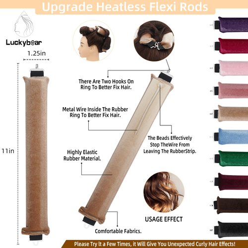 Luckybear Khaki Jumbo Heatless Hair Curler, 3pcs, Flexi Satin Rods for Soft Overnight Sleeping Curls, Styling Tools for All Hair Types