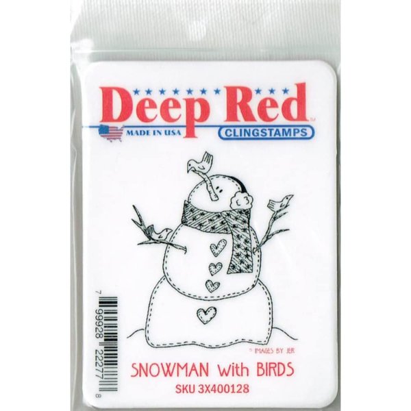 Deep Red Stamps Snowman with Birds Rubber Cling Stamp 2 x 2 inches