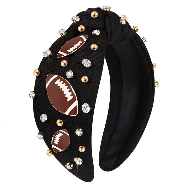 HZEYN Football Headband Game Day Headbands for Women Jeweled Crystal Football Knotted Headband Sports Fan Hair Accessories Gifts (Black)