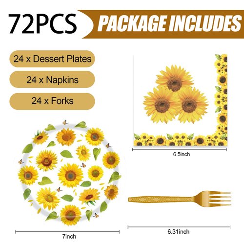 72 Pcs Sunflower Paper Plates and Napkins Party Supplies , Floral Birthday Party Decorations Disposable Party Plates and Napkins Tableware Set for Summer Fall Wedding Baby Shower Serves 24 (Sunflower)