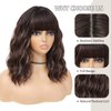 BEAUTIFA Brown Mix Blonde Wig with Bangs for Women 14 Inch Shoulder Length Short Bob Wavy Curly Wig Brown Mix Blonde Wig Heat Resistant Synthetic Wigs