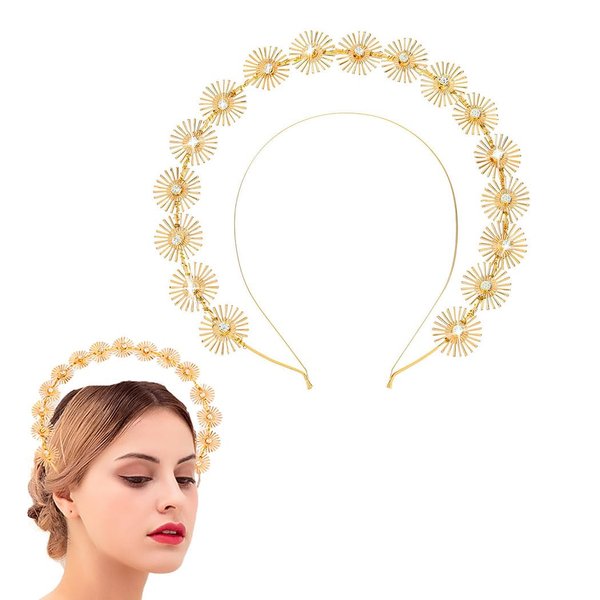 Barode Halo Crown Headband Gold Floral Rhinestone Goddess Tiaras Double Wire Headpiece Wedding Prom Party Costume Headwear for Women