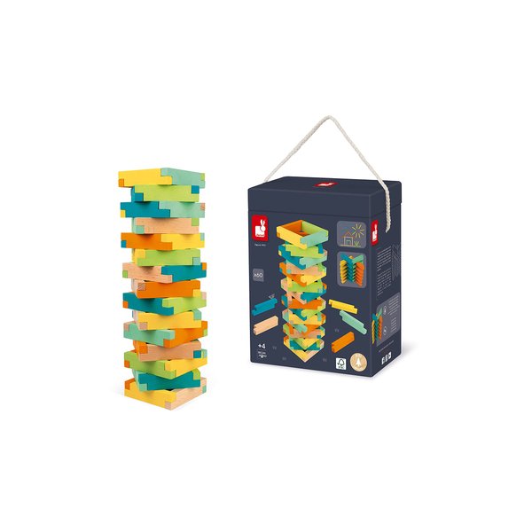 Janod 60 Piece Unique Wooden Building Kit with Notched Blocks - Ages 4+ - J08300
