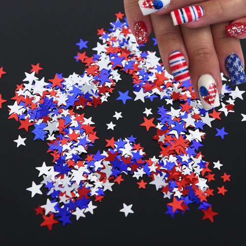 12 Grid July 4th Nail Art Glitter Sequins Independence Day Star Nail Sequins 3D Holographic Nail Glitter Holographic Red Blue Mixed Star Nail Decal Gold Glitter Flakes for Women Nails Eye Face Decor