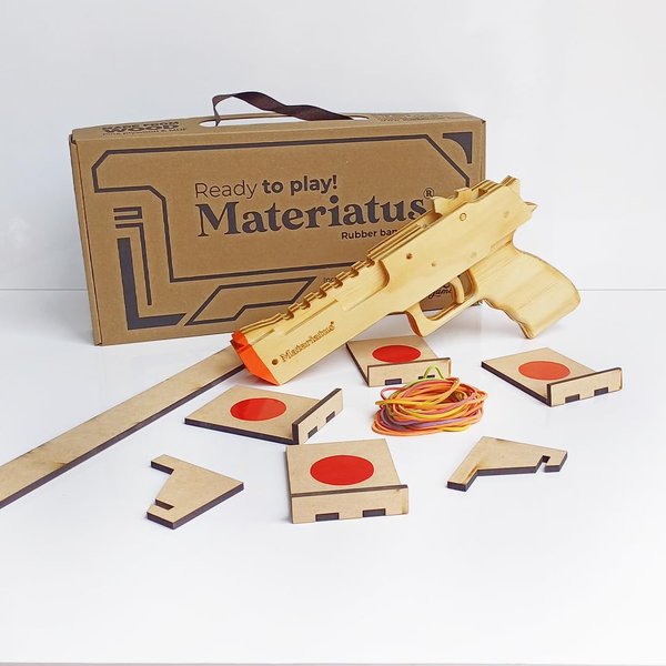 Materiatus Wooden Multi-Shot Rubber Band Gun, Model Desert Eagle, Ready to Play, Adult Real Size, Include Targets, Kids Toy Gun, Popular Toy as Gift for Children and Adults, Fun Game for Party time.
