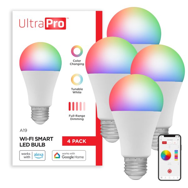 UltraPro Wi-Fi LED Smart Light Bulb, A19, 60W Equivalent, RGB, Color Changing, White Select Tunable 2700K - 6500K, Dimmable, 2.4GHz Router Required, Circadian Rhythm, Easy-to-Use App, 4 Pack, 51454