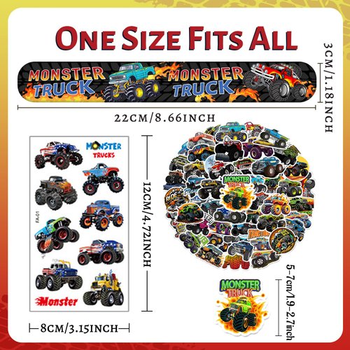 Monster Truck Party Favors 24 Pcs Monster Truck Slap Bracelets 50 Pcs Monster Truck Stickers 80 Pcs Monster Truck Tattoos Monster Truck Birthdays Decorations Supplies for Kids Boys Classroom Rewards
