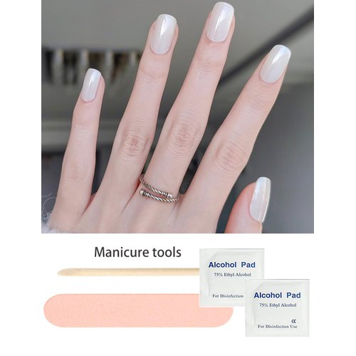 Wahrshei Semi Cured Gel Nail Strips, 20pcs White Pearl Shimmer Gel Nail Stickers Work with UV, Easy to Use and Remove