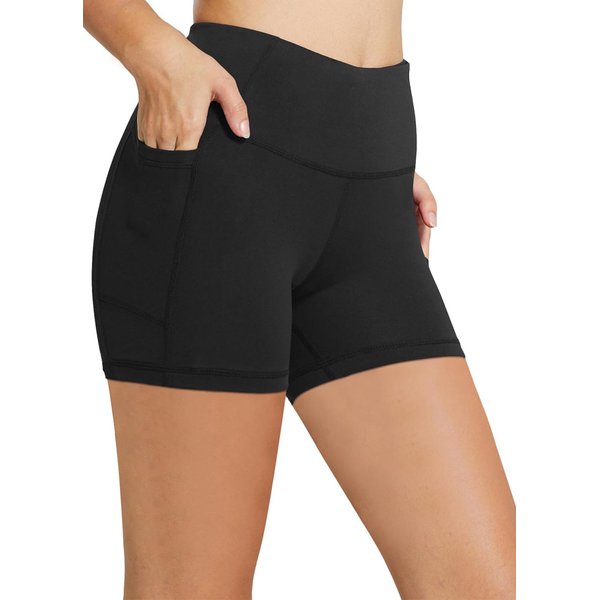 BALEAF Biker Shorts Women Yoga Gym Workout Spandex Running Volleyball Tummy Control Compression Shorts with Pockets 5" Black M