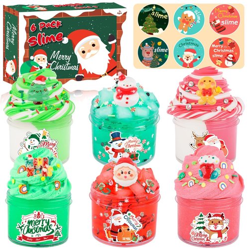 6 Pack Christmas Slime Kit, with 2 Butter Slime and 2 Cloud Slime and 2 Jelly Cube Crunchy Slime, Soft & Stretchy, Birthday Gifts for Kids, Christmas Party Favors for Girls and Boys