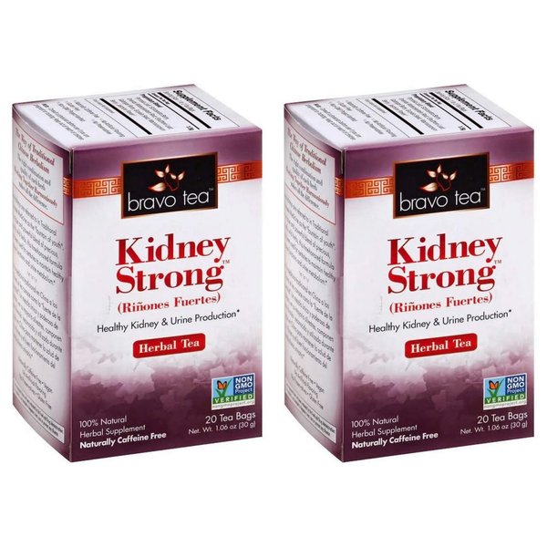 Bravo Tea Kidney Strong Herbal Tea (Pack of 2) With Pyrrosia Leaf, Schizandra Berry, Oriental Waterplantain Root, Eleuthero Leaf, Galangal Berry, Euryale Seed and Macrocarpium Berry, 20 Tea Bags Each