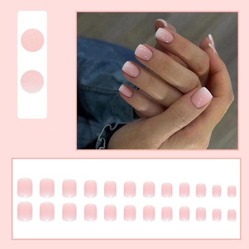 24 Pcs Ombre Pink Press on Nails Short Square - SHANRUN Cute Fake Nails Full Cover False Nails Press ons Nail Tips Art Kit with Glossy Designs Glue on Nails Stick on Nails Acrylic Manicure Women