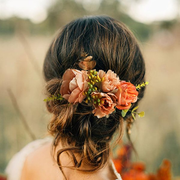 Fangsen Boho Autumn Wedding Silvery Orange Rose Golden Eucalyptus Leaf Bridal Headpiece Christmas Festival Headpiece Women Girls Party