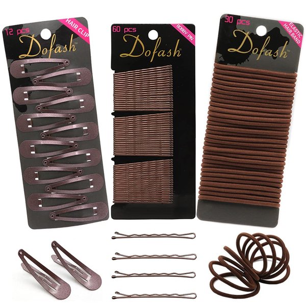 Dofash Women's Braided Good Hair set 102counts set (Bobby pins 60pcs + Hyper Elastics ties 30pcs + Snap hair clips (Brown)