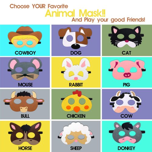 CiyvoLyeen Farm Animal Party Masks Barnyard Animal Felt Masks for Petting Zoo Farmhouse Theme Birthday Party Favors Kids Costumes Dress-Up Party Supplies(12 Pieces)