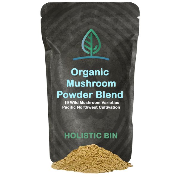 Holistic Bin Organic Mushroom Blend Powder 19 Wild Harvested Varieties (Lion's Mane, Reishi, Enoki, Mesima, Turkey Tail, Cordyceps, & More) | Adaptogenic Mushrooms Supplement | Made in The USA
