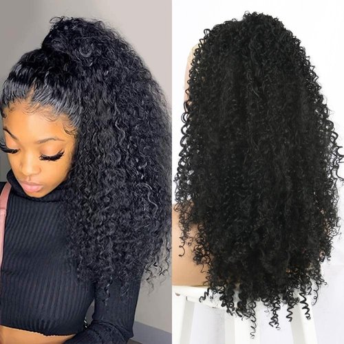 26 Inch Kinky Curly Ponytail Extension for Black Women Drawstring Ponytail Synthetic Long Afro Kinky Ponytail Extension Deep Curly Instant Clip Hair Ponytail (26inch，#1 Black）